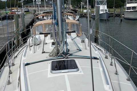 Sailboat docked at marina, 2003 Caliber 40LRC model, view from deck.