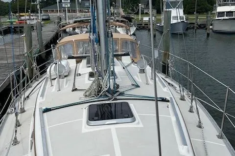 Sailboat docked at marina, 2003 Caliber 40LRC model, view from deck.