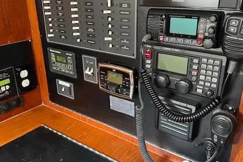 Agandau Yacht Photos Pics Control panel of a 2003 Caliber 40LRC boat with communication equipment and switches.