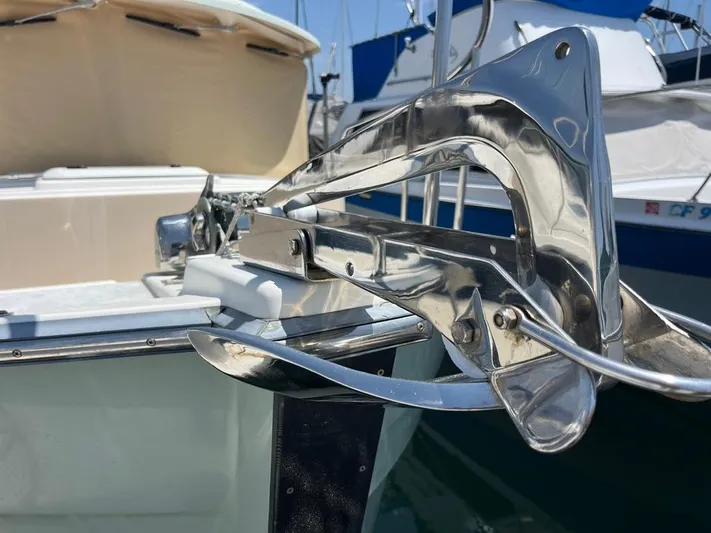 Ben Yacht Photos Pics Close-up of a 2011 Ranger Tugs R-27 boat anchor in a marina setting.