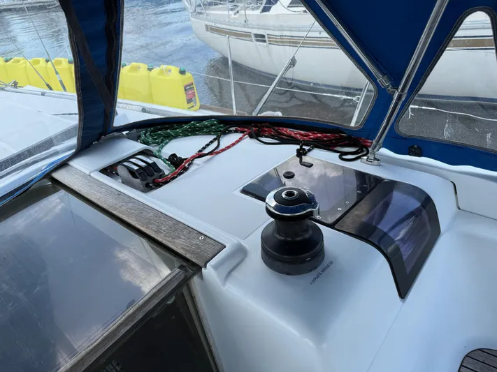 Corrine Yacht Photos Pics Cockpit of 2015 Jeanneau 409 sailboat with winch and control panel.
