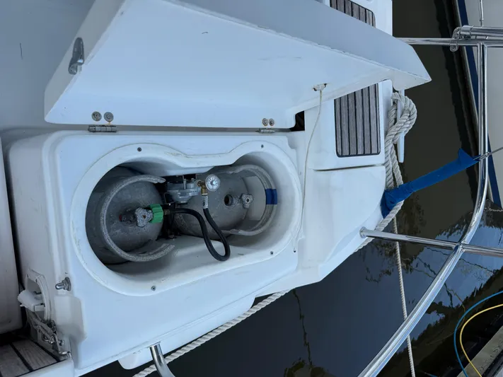 Corrine Yacht Photos Pics Propane storage compartment on a 2015 Jeanneau 409 sailboat.