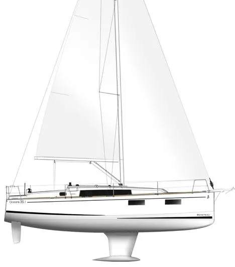 Aveyron Yacht Photos Pics 2021 Beneteau Oceanis 35.1 sailboat, side view, white hull, sleek design.