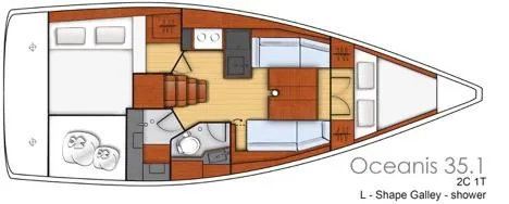 Aveyron Yacht Photos Pics Floor plan of 2021 Beneteau Oceanis 35.1 sailboat, featuring L-shaped galley and two cabins.