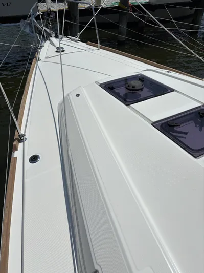 Aveyron Yacht Photos Pics Beneteau Oceanis 35.1 sailboat deck, 2021 model, docked at marina.