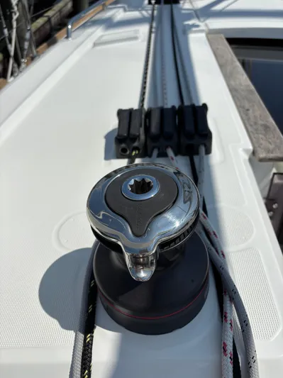 Aveyron Yacht Photos Pics Winch and ropes on 2021 Beneteau Oceanis 35.1 sailboat deck.