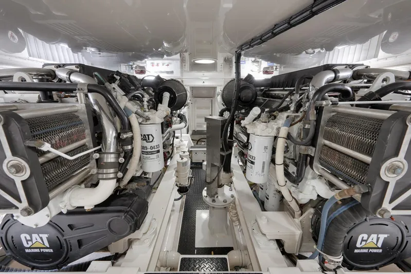 Even Flow Yacht Photos Pics Engine room of a 2009 Viking Convertible yacht with CAT marine power systems.