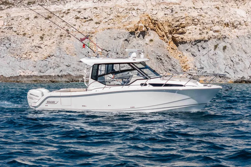 A Day In The Life Yacht Photos Pics 2021 Boston Whaler 325 Conquest boat cruising near rocky coastline.