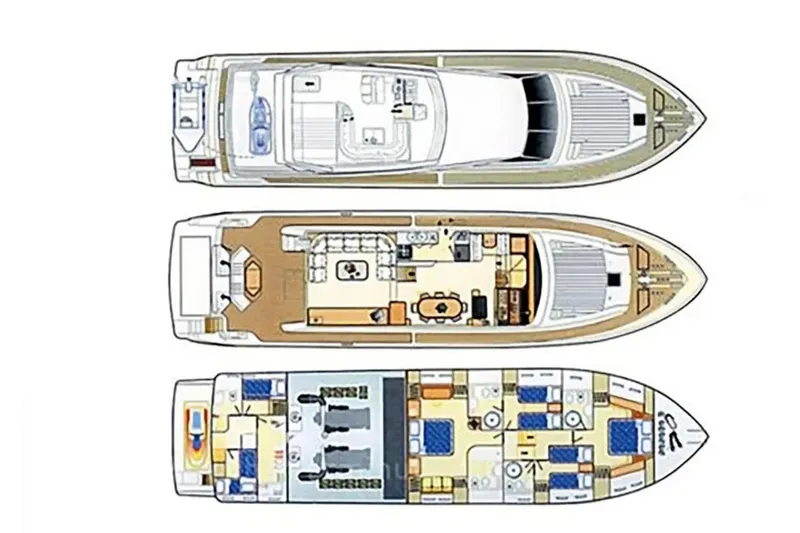  Yacht Photos Pics Floor plan of a 2003 Ferretti Yachts 760, showcasing three levels with detailed layouts.