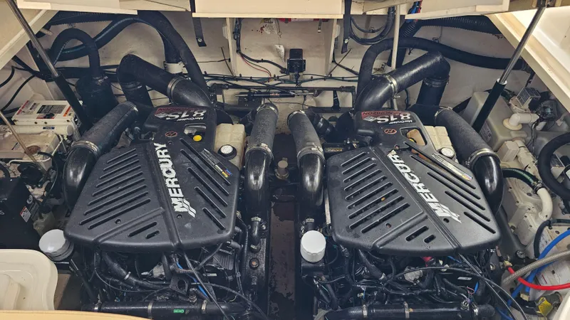 Sea Jazz Yacht Photos Pics Engine room of 2007 Sea Ray 340 Sundancer with twin Mercury engines.