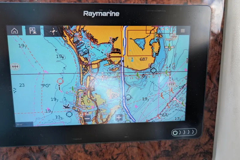 Sea Jazz Yacht Photos Pics Raymarine navigation display on 2007 Sea Ray 340 Sundancer, showing detailed nautical chart.