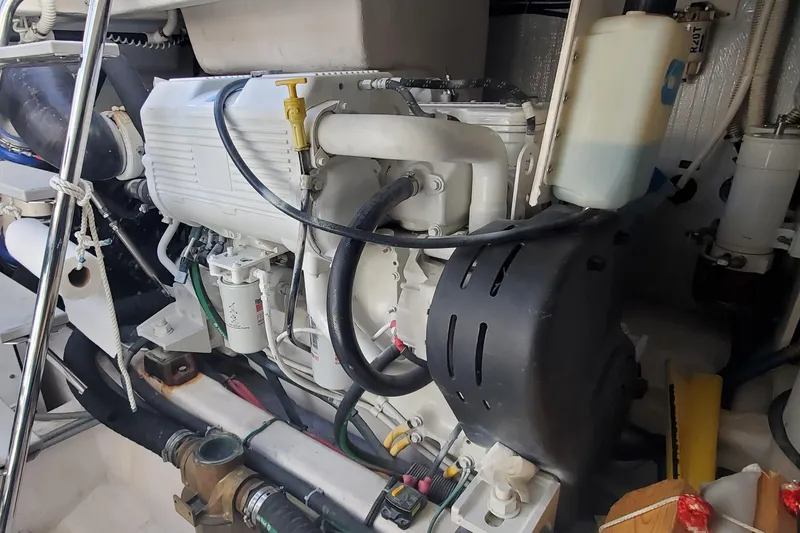 Brio Yacht Photos Pics Engine compartment of a 2012 Sabre 48 Salon Express yacht, showcasing mechanical components.