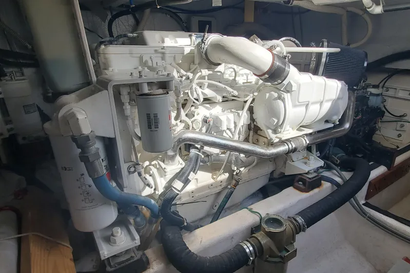 Brio Yacht Photos Pics Engine room of a 2012 Sabre 48 Salon Express yacht, showcasing mechanical components.