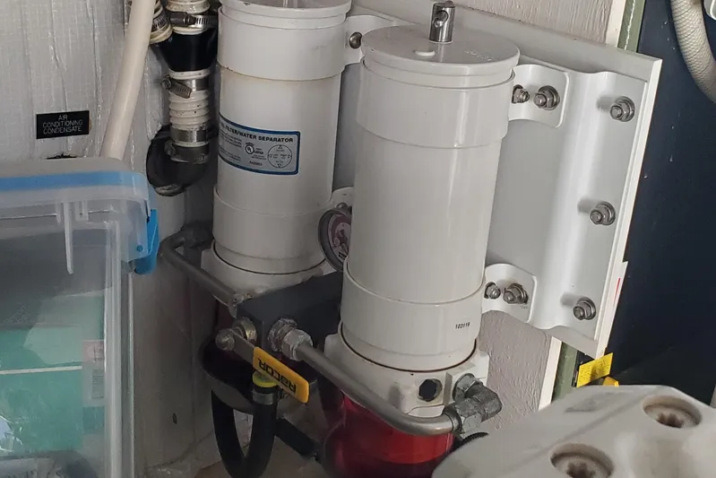 Brio Yacht Photos Pics Engine room of 2012 Sabre 48 Salon Express with fuel-water separator system.