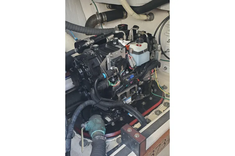 Brio Yacht Photos Pics Engine compartment of 2012 Sabre 48 Salon Express yacht, showcasing detailed mechanical components.