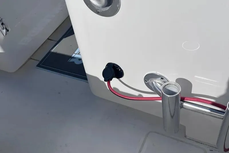  Yacht Photos Pics 2024 Contender 30 Tournament boat detail with red cable and stainless steel rod holder.