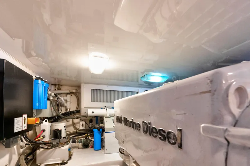  Yacht Photos Pics Engine room of 2009 Viking 50 Convertible yacht with marine diesel engine.