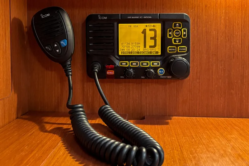 Marley Yacht Photos Pics VHF marine radio on 2015 Beneteau Oceanis 37 yacht, featuring Icom IC-M506 model.