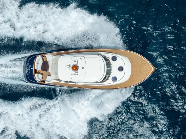 Shaken Not Stirred Yacht Photos Pics Aerial view of 2019 Zeelander Z55 yacht cruising on the ocean.