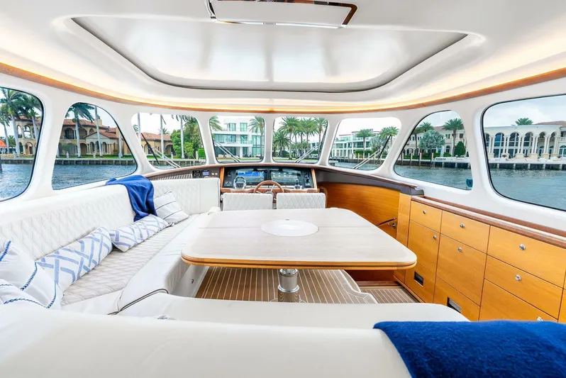 Shaken Not Stirred Yacht Photos Pics Luxurious interior of 2019 Zeelander Z55 yacht with elegant seating and scenic waterfront views.