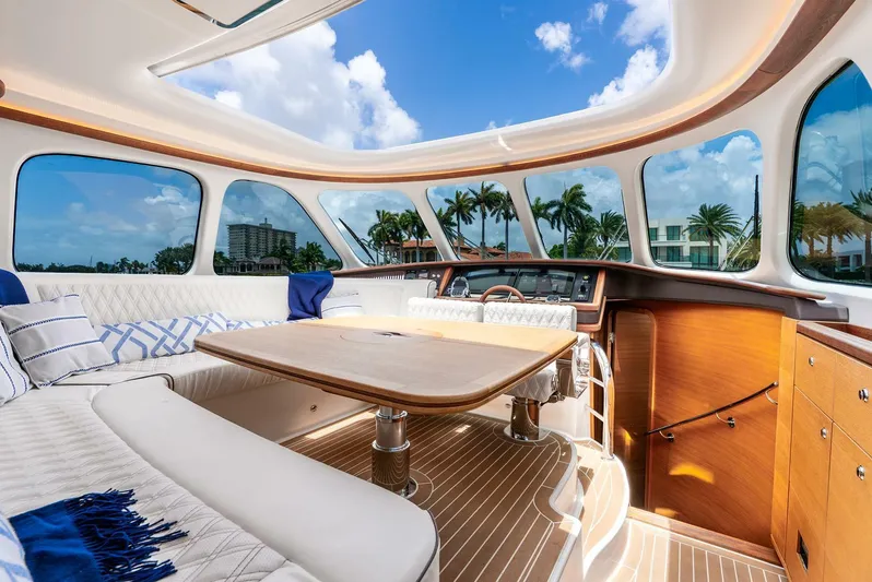 Shaken Not Stirred Yacht Photos Pics Luxurious interior of 2019 Zeelander Z55 yacht with panoramic windows and elegant seating.