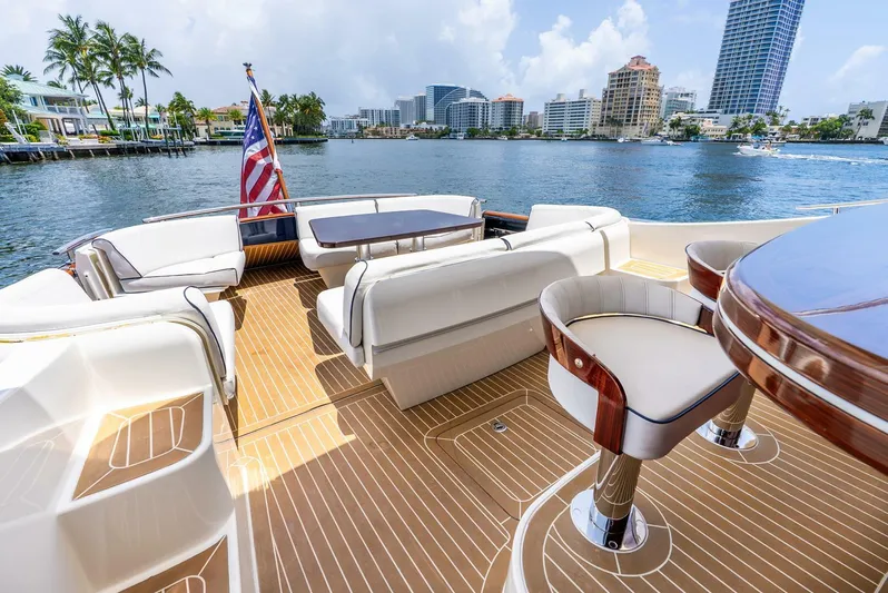 Shaken Not Stirred Yacht Photos Pics Luxurious 2019 Zeelander Z55 yacht deck with elegant seating and scenic waterfront view.