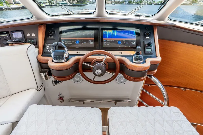 Shaken Not Stirred Yacht Photos Pics 2019 Zeelander Z55 yacht helm with advanced navigation displays and luxurious wood finish.