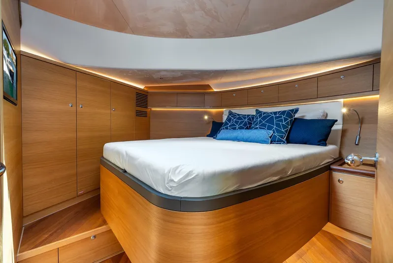 Shaken Not Stirred Yacht Photos Pics Luxurious 2019 Zeelander Z55 yacht bedroom with modern wood finish and elegant lighting.
