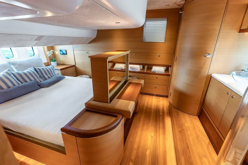 Shaken Not Stirred Yacht Photos Pics Luxurious 2019 Zeelander Z55 yacht interior with elegant wood finishes and cozy bedroom.