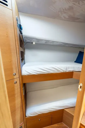 Shaken Not Stirred Yacht Photos Pics Interior of 2019 Zeelander Z55 yacht with wooden bunk beds and modern design.