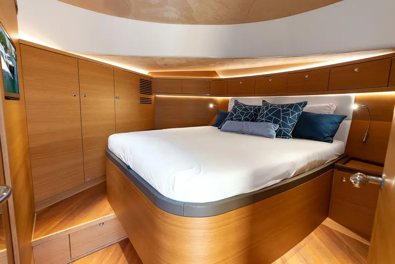 Shaken Not Stirred Yacht Photos Pics Luxurious cabin interior of 2019 Zeelander Z55 yacht with elegant wood finish and cozy bedding.