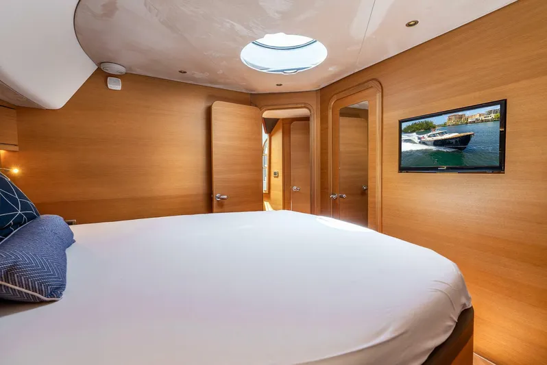 Shaken Not Stirred Yacht Photos Pics Luxurious 2019 Zeelander Z55 yacht bedroom with modern wood interior and wall-mounted TV.