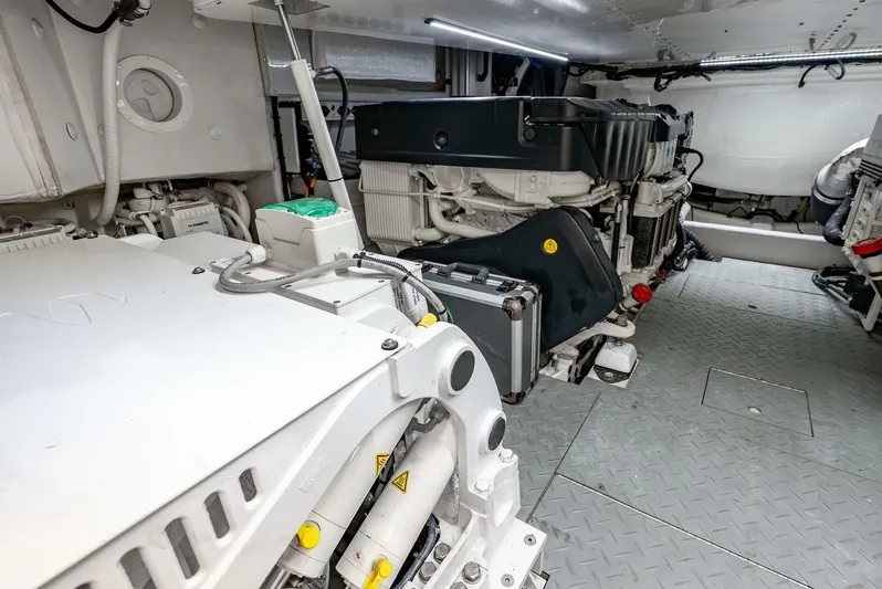 Shaken Not Stirred Yacht Photos Pics Engine room of 2019 Zeelander Z55 yacht, showcasing mechanical components and equipment.