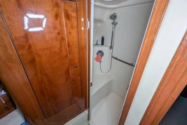 Tigress Yacht Photos Pics 2002 Sea Ray 550 Sundancer shower area with wooden door and modern fixtures.