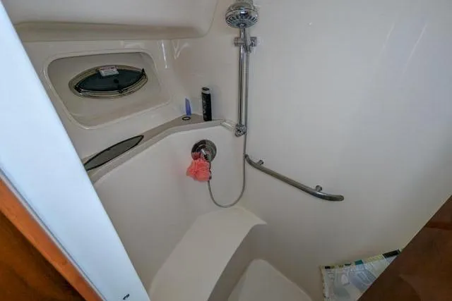 Tigress Yacht Photos Pics 2002 Sea Ray 550 Sundancer yacht bathroom with shower and porthole window.