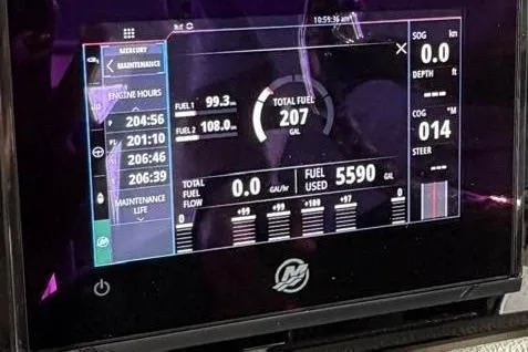  Yacht Photos Pics Dashboard display of a 2022 Boston Whaler 405 Conquest showing engine and fuel data.