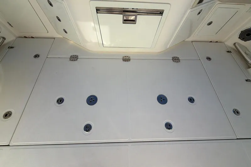  Yacht Photos Pics Boston Whaler 405 Conquest 2022 deck with storage compartments and fixtures.