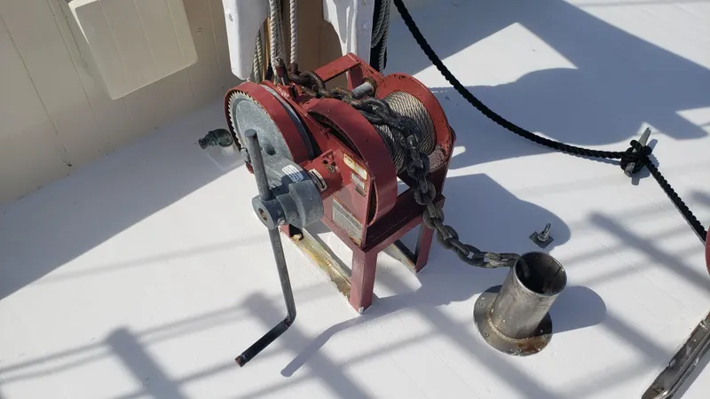 Daniel Webster Clements Yacht Photos Pics Red winch on deck of 1996 Custom Biloxi Schooner.