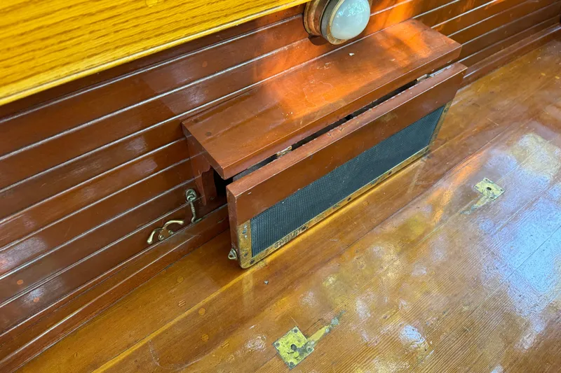 Annie Yacht Photos Pics Wooden interior detail of 1989 Elco 30 Fantail Electric Launch, showcasing vintage craftsmanship.