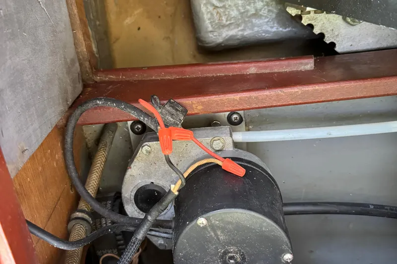 Annie Yacht Photos Pics Electrical components inside 1989 Elco 30 Fantail Electric Launch, featuring wiring and connectors.