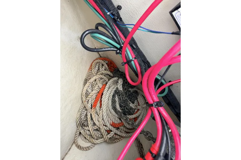  Yacht Photos Pics Coiled ropes and colorful cables in a 2006 Sea Ray 340 Sundancer boat.