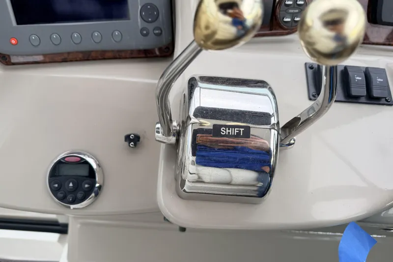  Yacht Photos Pics Control panel of a 2006 Sea Ray 340 Sundancer boat with shift lever.
