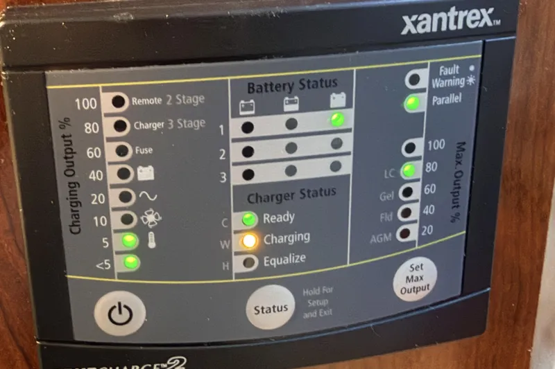  Yacht Photos Pics Xantrex battery charger panel on 2006 Sea Ray 340 Sundancer, displaying charging and battery status.