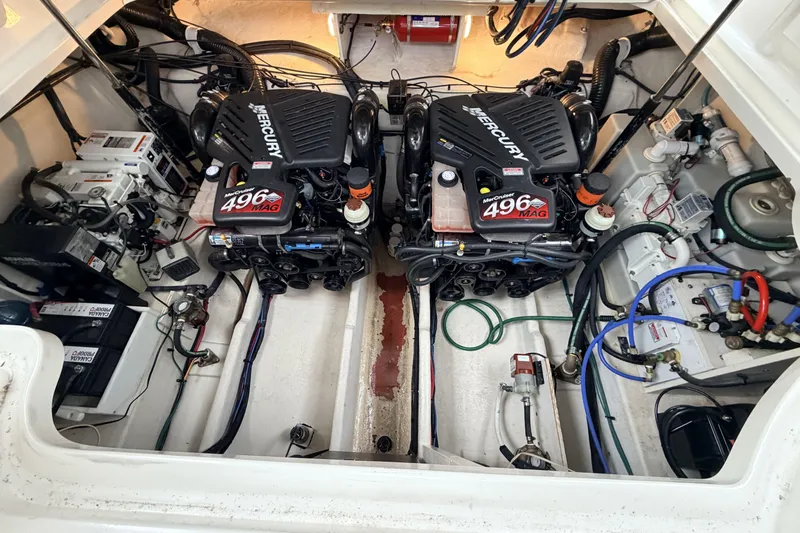  Yacht Photos Pics Engine room of 2006 Sea Ray 340 Sundancer with twin MerCruiser 496 MAG engines.