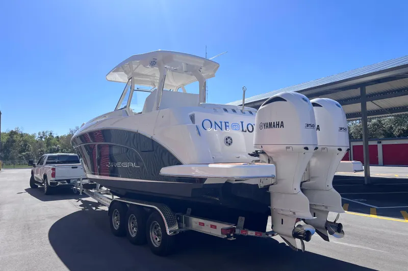  Yacht Photos Pics 2019 Regal 33 SAV boat on trailer with dual Yamaha 350 engines.