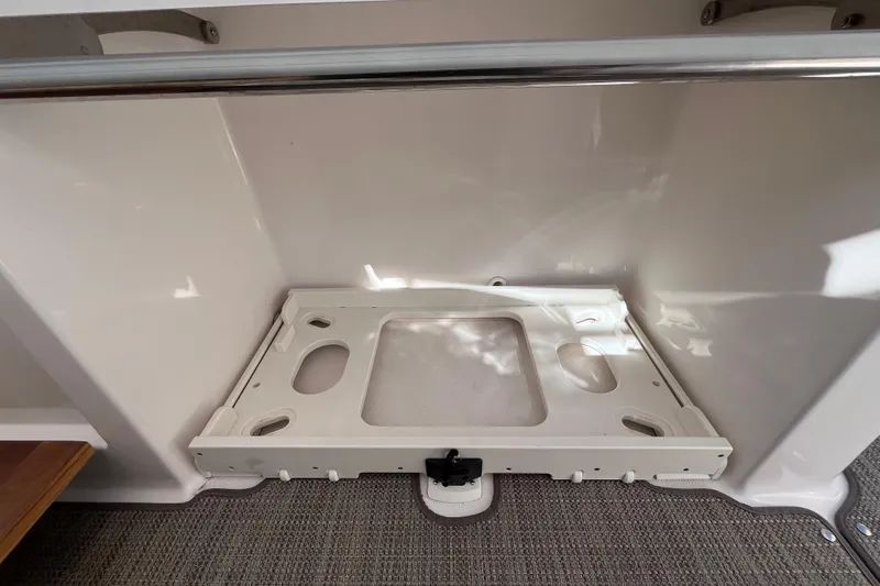  Yacht Photos Pics 2019 Regal 33 SAV interior storage compartment with white panel and metal railing.