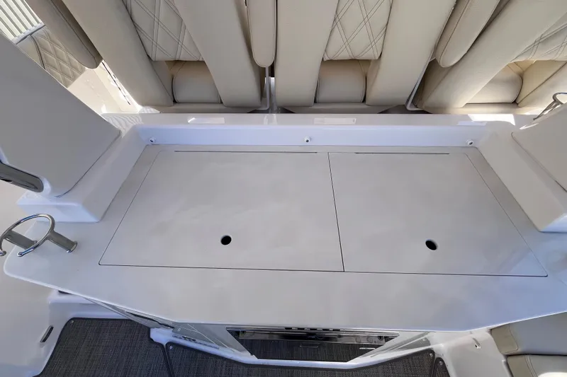  Yacht Photos Pics 2019 Regal 33 SAV boat interior with cushioned seating and storage compartments.
