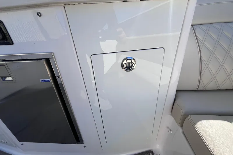  Yacht Photos Pics 2019 Regal 33 SAV interior with storage compartment and seating detail.
