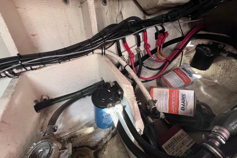  Yacht Photos Pics Engine compartment of 2019 Regal 33 SAV with wiring and Sierra filters.