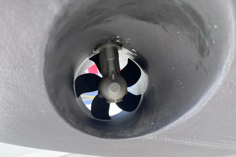  Yacht Photos Pics Close-up of a 2019 Regal 33 SAV boat's bow thruster propeller.